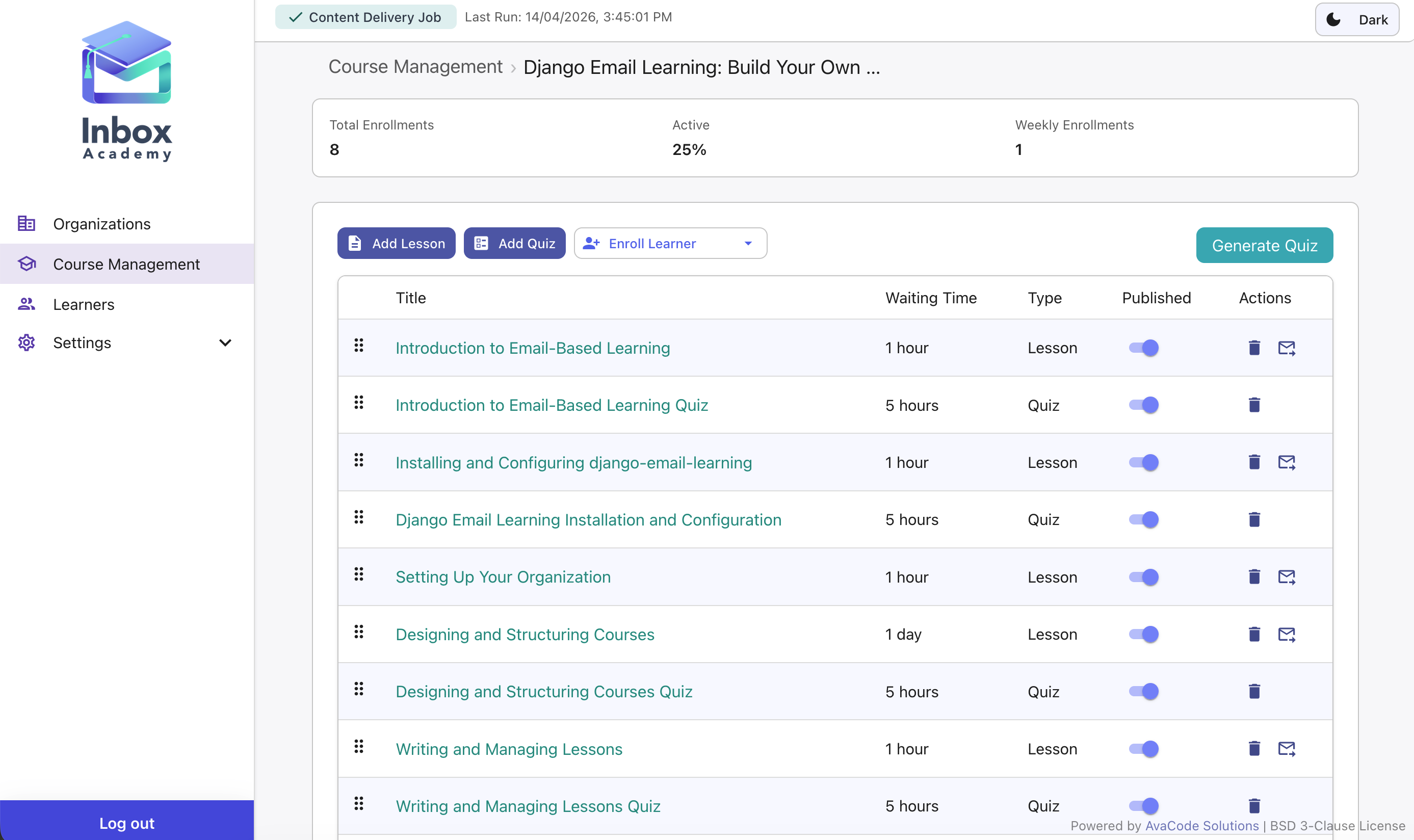 Screenshot of InboxAcademy hosted learning platform